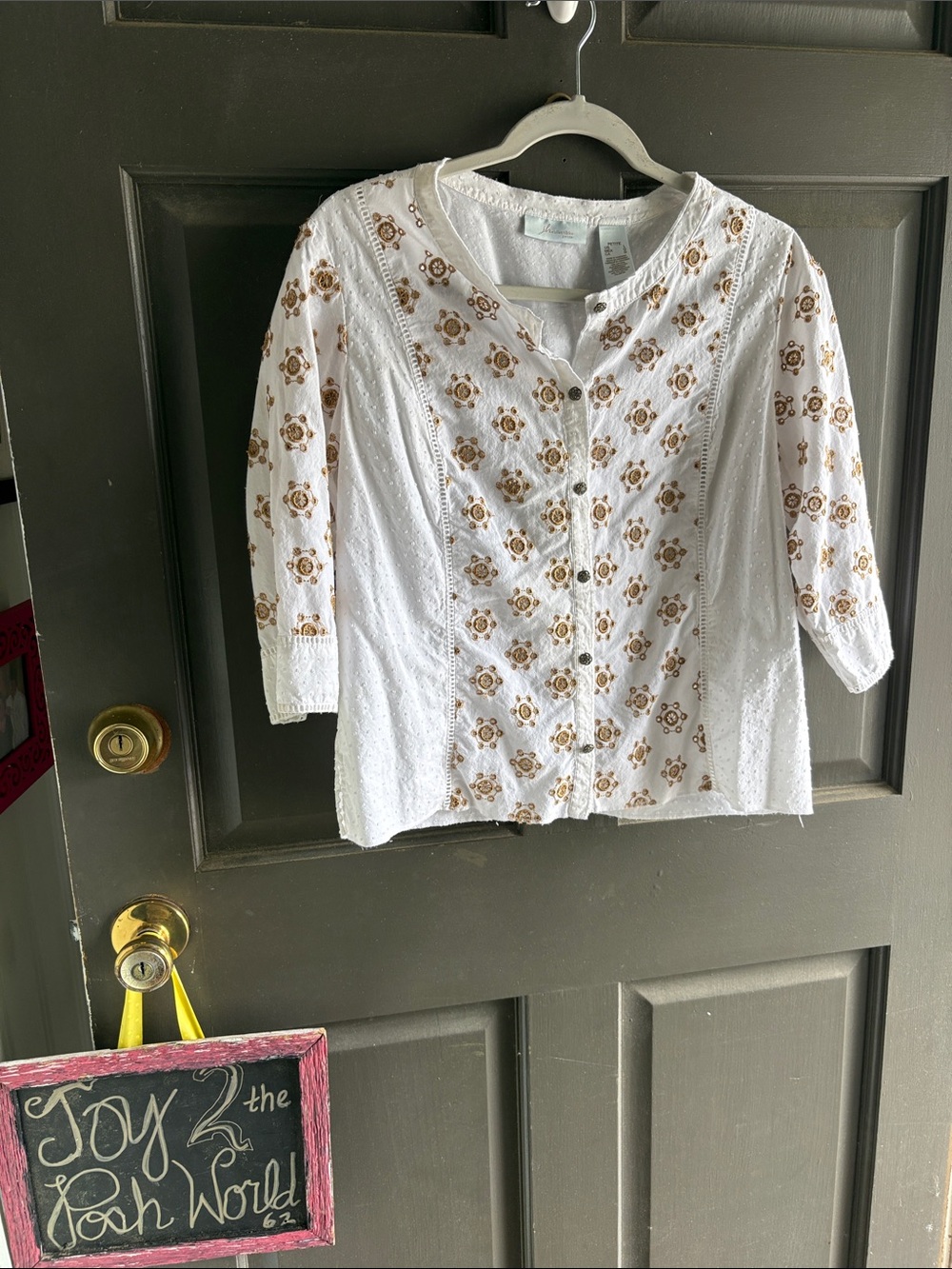 JH Collectibles White Button-Front Eyelet Top with Brown Floral Embroidery